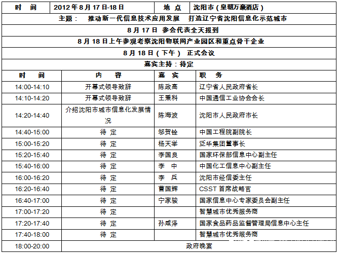 “2012沈阳城市信息化规划建设专家研讨会”议程